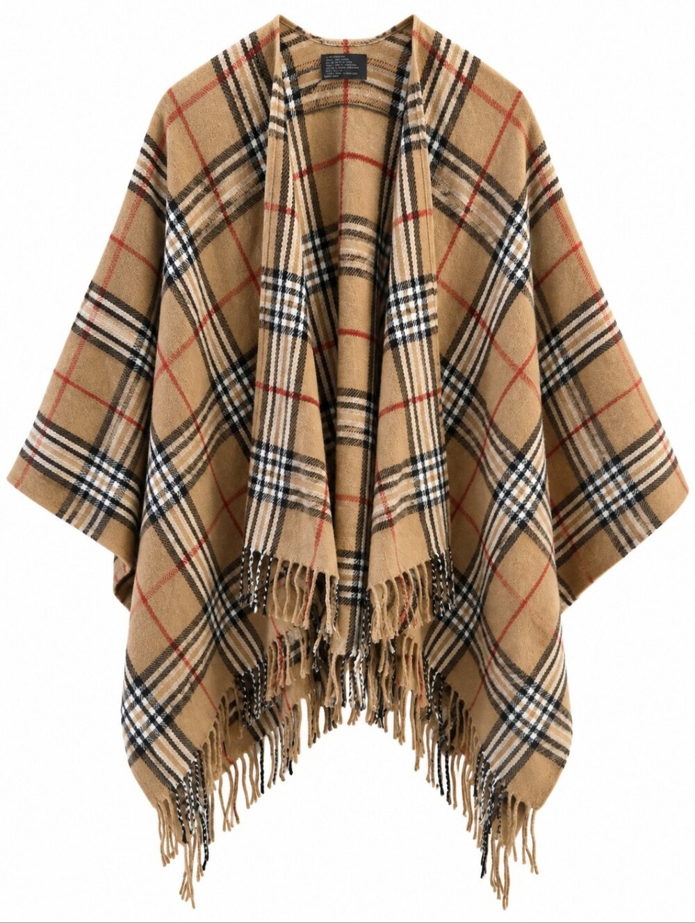 Heritage Plaid Fringe Ruana Shawl Tan Black Red White One Size